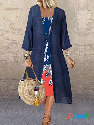 Round Neck Casual Loose Print Suit Midi Dress
