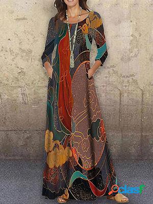 Round Neck Casual Loose Printed Long Sleeve Maxi Dress