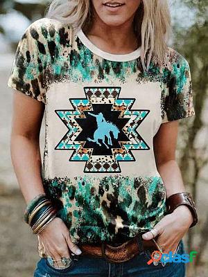 Round Neck Casual Loose Retro Ethnic Print Short-sleeved