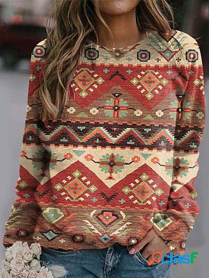 Round Neck Casual Loose Retro Geometric Print Sweatshirt