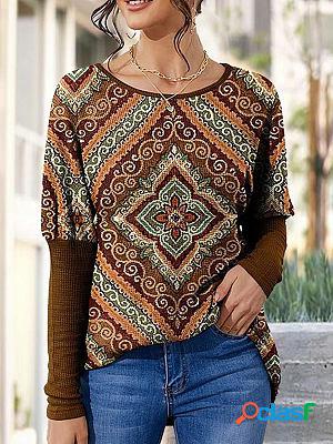 Round Neck Casual Loose Retro Print Long Sleeve T-shirt
