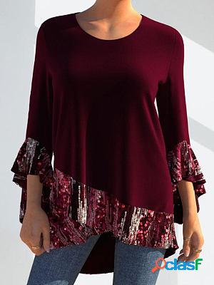 Round Neck Casual Loose Sequin Stitching Long-sleeved