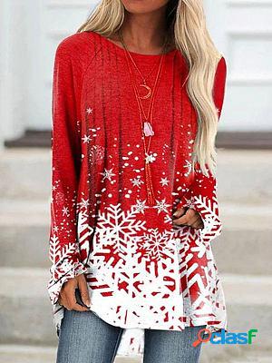 Round Neck Casual Loose Snowflake Print Long Sleeve T-shirt