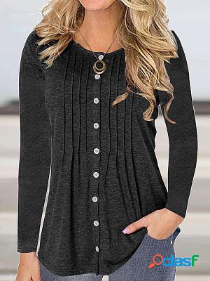 Round Neck Casual Loose Solid Color Button Long Sleeve