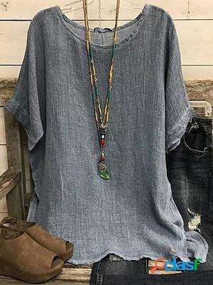 Round Neck Casual Loose Solid Color Linen Short-sleeved