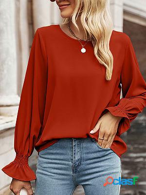 Round Neck Casual Loose Solid Color Long Sleeve Blouse