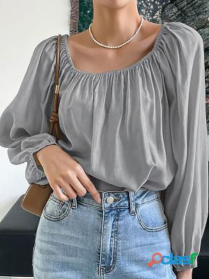 Round Neck Casual Loose Solid Color Long-sleeved Blouse