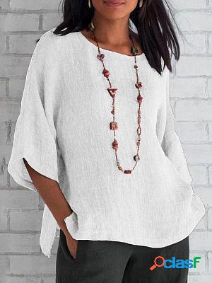 Round Neck Casual Loose Solid Color Mid-sleeve Blouse