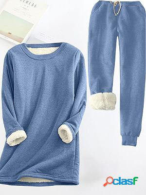 Round Neck Casual Loose Solid Color Sherpa Fleece Home Suit