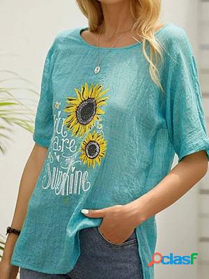 Round Neck Casual Loose Sunflower Embroidery Short-sleeved