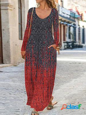 Round Neck Casual Loose Vintage Print Long Sleeve Maxi Dress