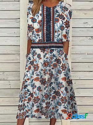 Round Neck Casual Printed Long Sleeve Midi Dress