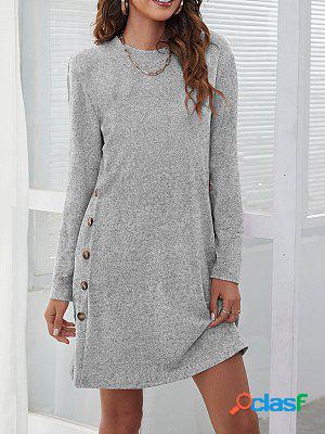 Round Neck Casual Simple Button Long Sleeve Short Dress