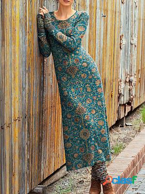 Round Neck Casual Vintage Print Long Sleeve Maxi Dress
