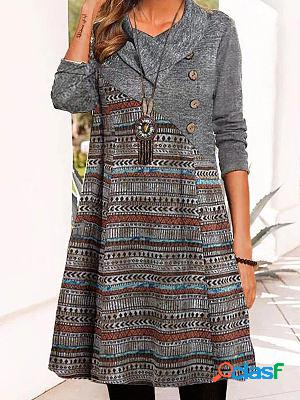 Round Neck Casual Vintage Print Long Sleeve Short Dress