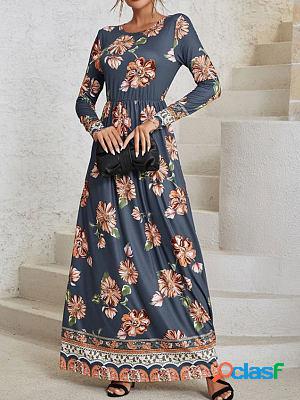 Round Neck Floral Print Long Sleeve Maxi Dress