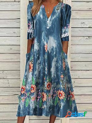 Round Neck Half Sleeves Printed Casual Midi Dress