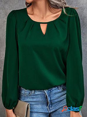 Round Neck Hollow Casual Loose Solid Color Long-sleeved