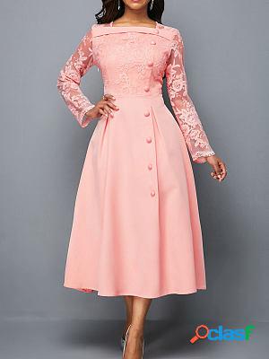 Round Neck Lace Long Sleeve High Waist Print Maxi Dress