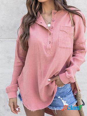 Round Neck Long Sleeve Solid Color Blouses