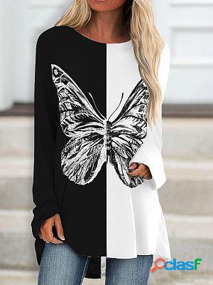 Round Neck Loose Casual Butterfly Print Long Sleeve T-shirt