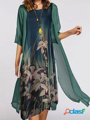 Round Neck Loose Casual Floral Print Suit Midi Dress