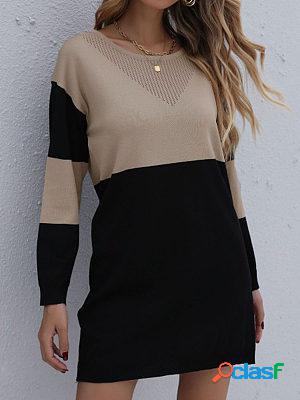 Round Neck Loose Fitting Color Block Knit Pullover
