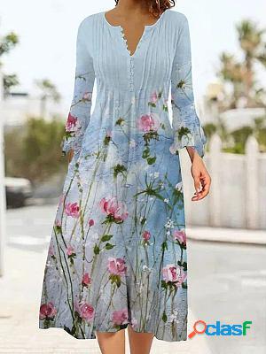 Round Neck Loose Floral Print Midi Dress