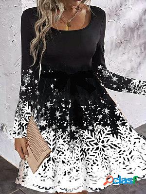 Round Neck Loose Snowflake Print Long Sleeve Short Dress