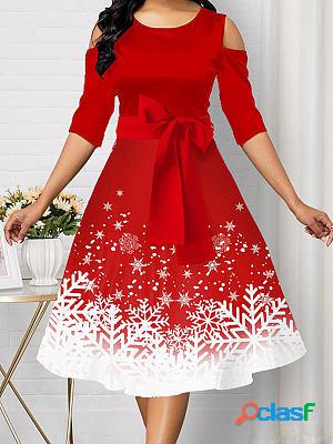 Round Neck Off Shoulder Christmas Print High Waist Swing