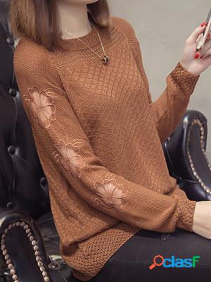 Round Neck Patchwork Elegant Plain Long Sleeve Knit Pullover