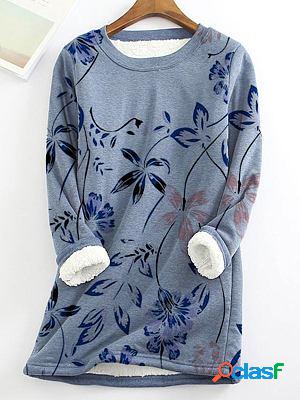 Round Neck Print Plus Velvet Loose Long-sleeved T-shirt