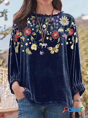 Round Neck Printed Vintage Fleece Blouses