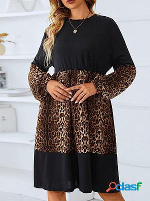 Round Neck Pullover Leopard Panel Long Sleeve Loose Shift