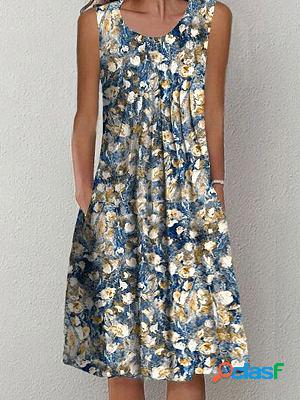 Round Neck Relaxed Loose Floral Print Resort Sleeveless Midi