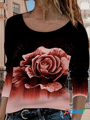Round Neck Rose Flower Print Long Sleeve T-shirt