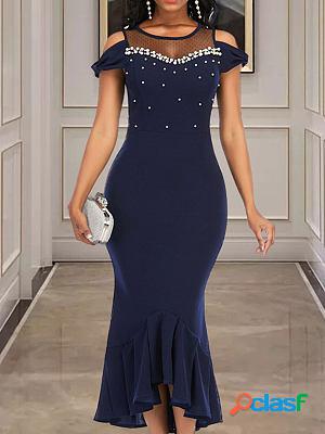 Round Neck Sheer Mesh Panel Beaded High Waist Evening Maxi