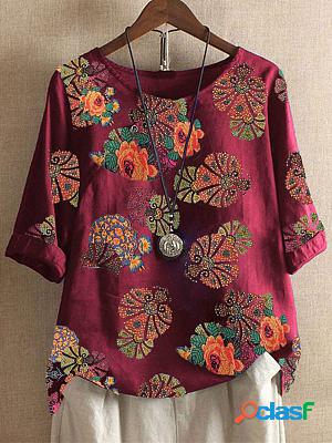 Round Neck Short Sleeve Floral Print Blouse