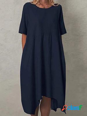 Round Neck Short Sleeves Linen Midi Dress