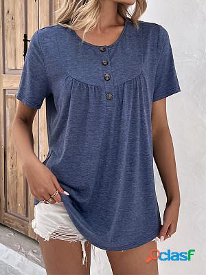 Round Neck Short Sleeves Loose Solid Casual T-shirt