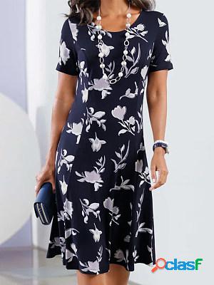 Round Neck Short Sleeves Printed Casual Midi Dress