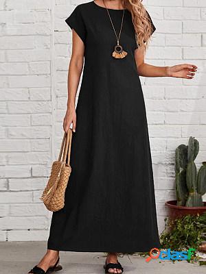 Round Neck Short Sleeves Solid Casual Maxi Dress