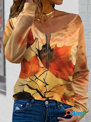 Round Neck Zip Casual Loose Maple Leaf Print Long Sleeve