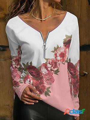 Round Neck Zipper Casual Loose Floral Print Long Sleeve