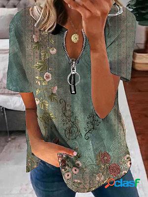 Round Neck Zipper Casual Loose Floral Print Short Sleeve