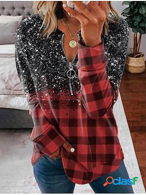 Round Neck Zipper Casual Loose Plaid Sequin Print Sweatshirt