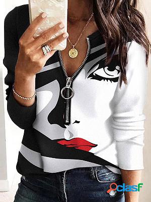 Round Neck Zipper Loose Casual Face Print Long Sleeve