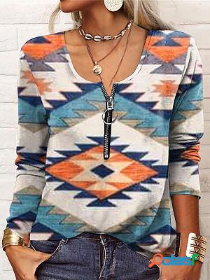 Round Neck Zipper Loose Casual Geometric Print Long Sleeve