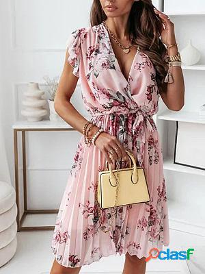 Ruffle Short Sleeve V-neck Print Shift Dresses