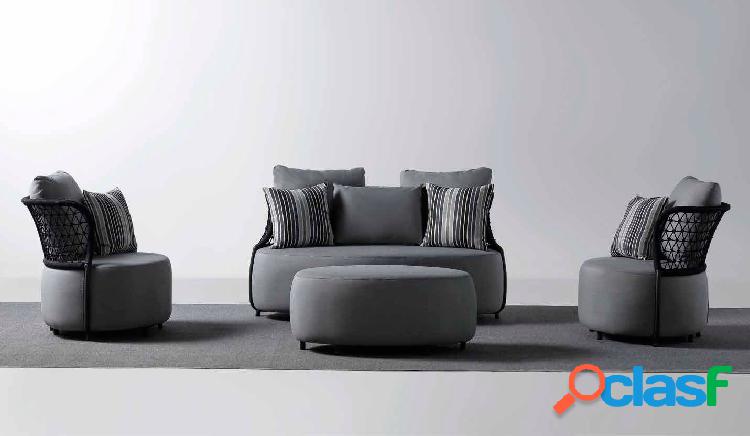 Salotto da esterno moderno divano poltrone e pouf in tessuto